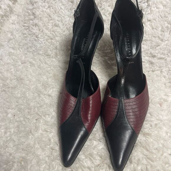 Colin Stuart leather Black and Burgundy T strap heels pointed toe SZ10B - Picture 1 of 8